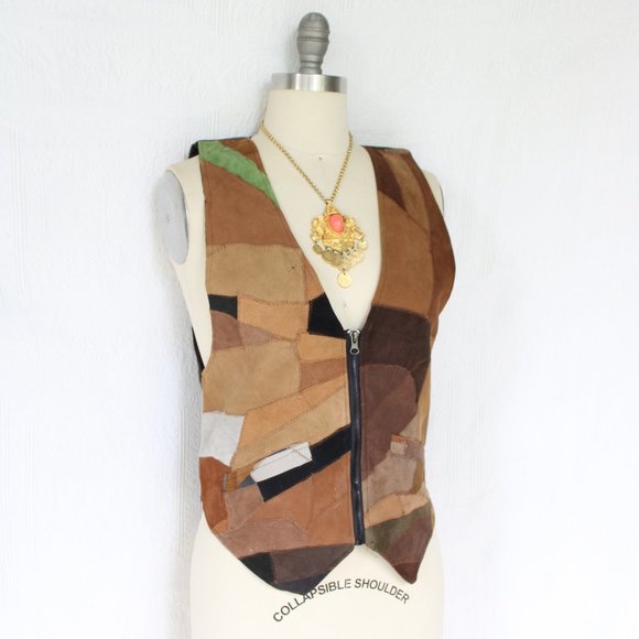 Vintage 60's Leather vest tunic Patchwork fish scale hippie western Free People - Picture 4 of 11